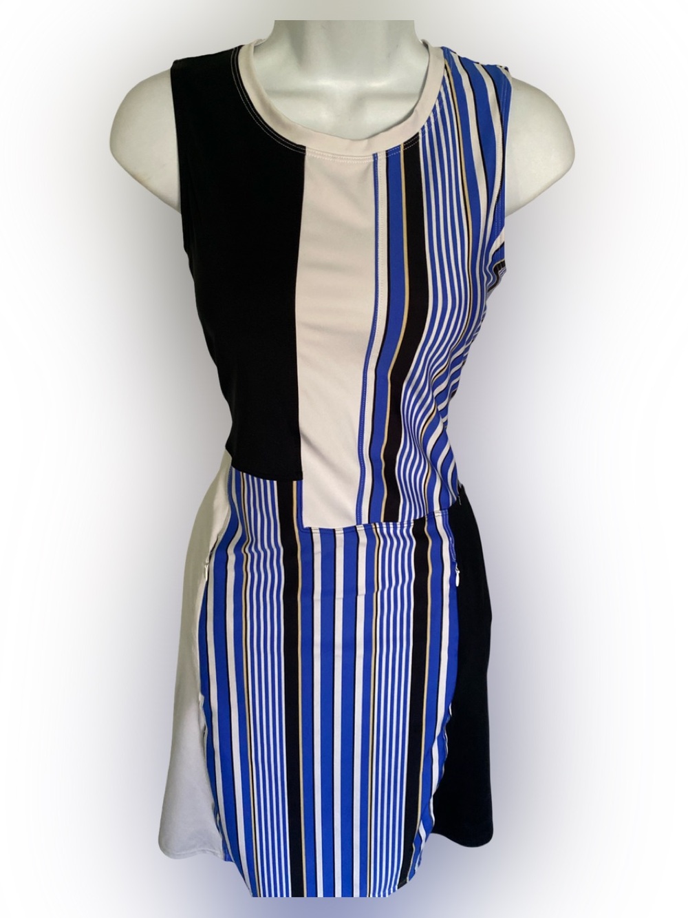 Tail Striped Panel Athletic Dress in Blue, Black & Cream -M
